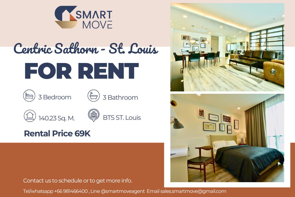 🔥For Rent !! Rare Item!!!! 🔥Code C20221200266...Centric Sathorn - St.Louis, 3 bedroom, 3 bathroom, high floor 23++, furnished, ready to move in 📣📣