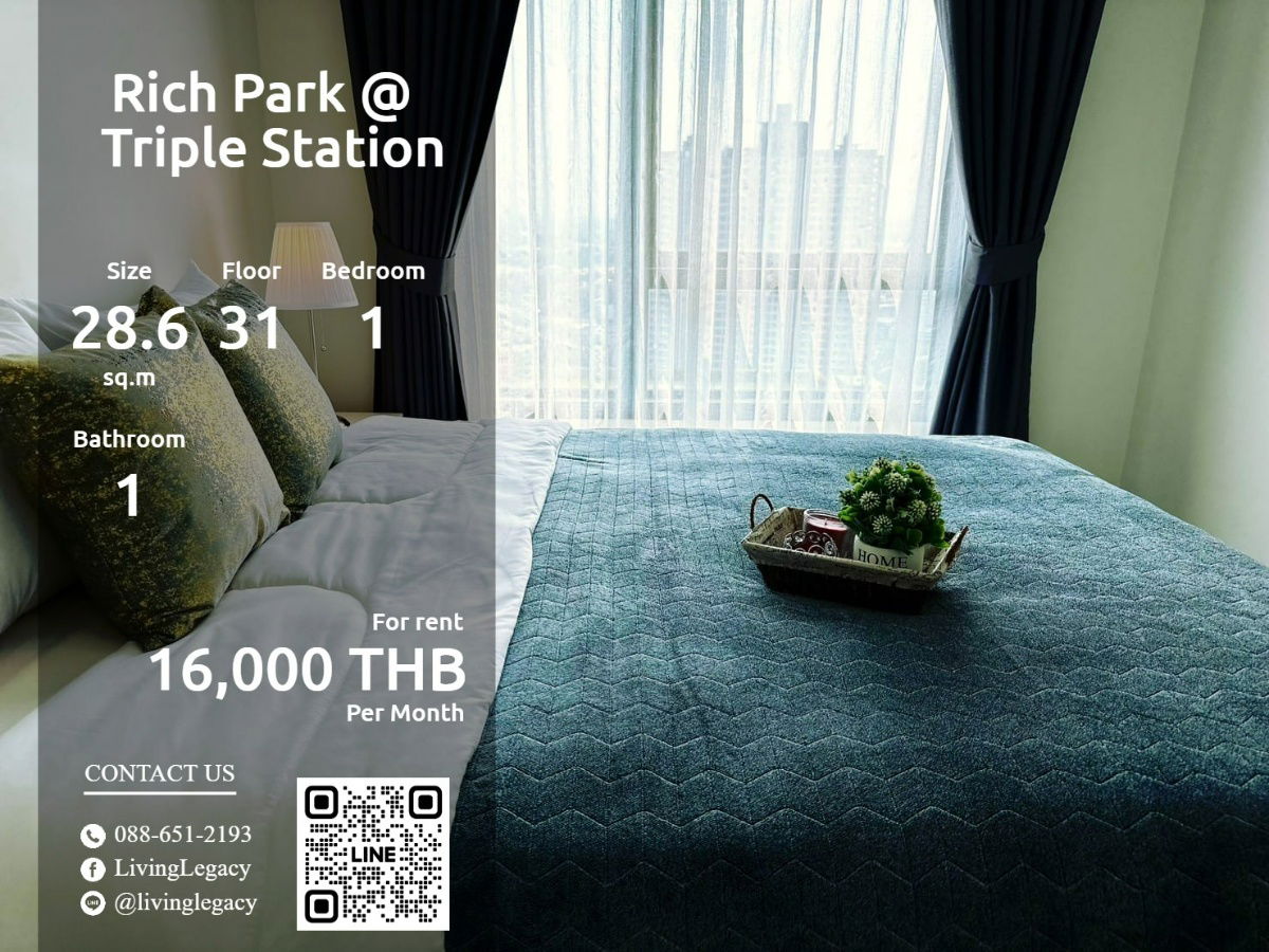 LTR0SOKJ Condo For Rent Rich Park @ Triple Station 28.6 Sq.M. Floor 31 line id : @livinglegacy