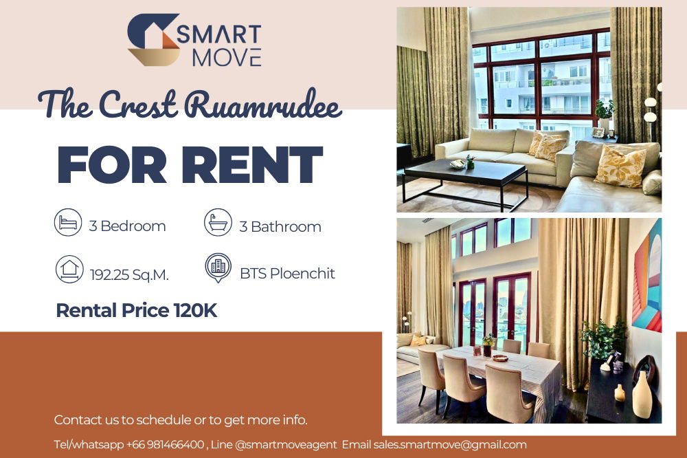 For Rent Penthouse !!🔥 Code C20240200005....The Crest Ruamrudee, 3 bed, 3 bath, 1 maid's room, high floor 14+, furnished, ready to move in 📣