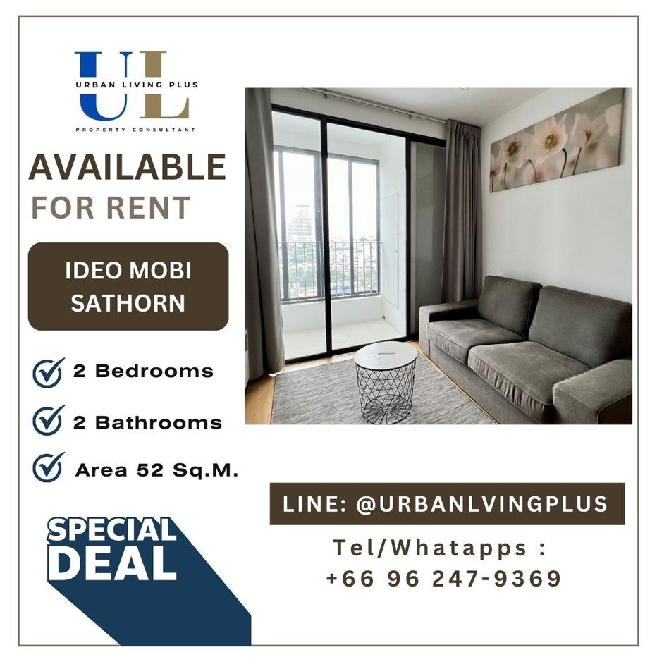 ( UL2310113 ) Ready To Move ✨Tel/Line 096-2479369✨ , FOR RENT !! IDEO MOBI SATHORN 2 bedrooms 2 bathroom 52 sqm. Corner room,  Hot deal