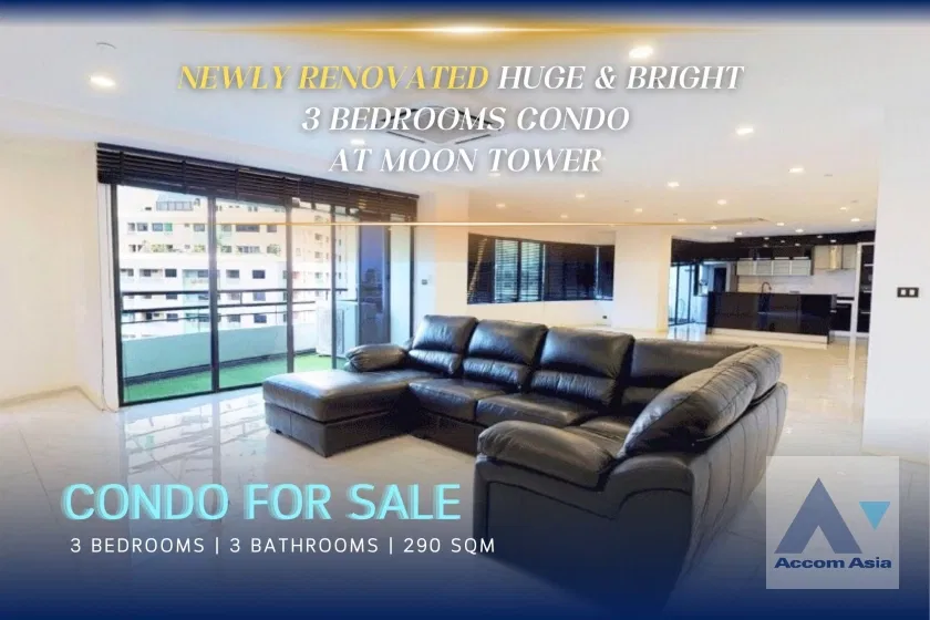 🔼🔽 AccomA 📩 Newly renovated Huge & Bright 3 beds condo for rent and sale 700 m to Thonglor BTS at Moon tower (AA28816)
