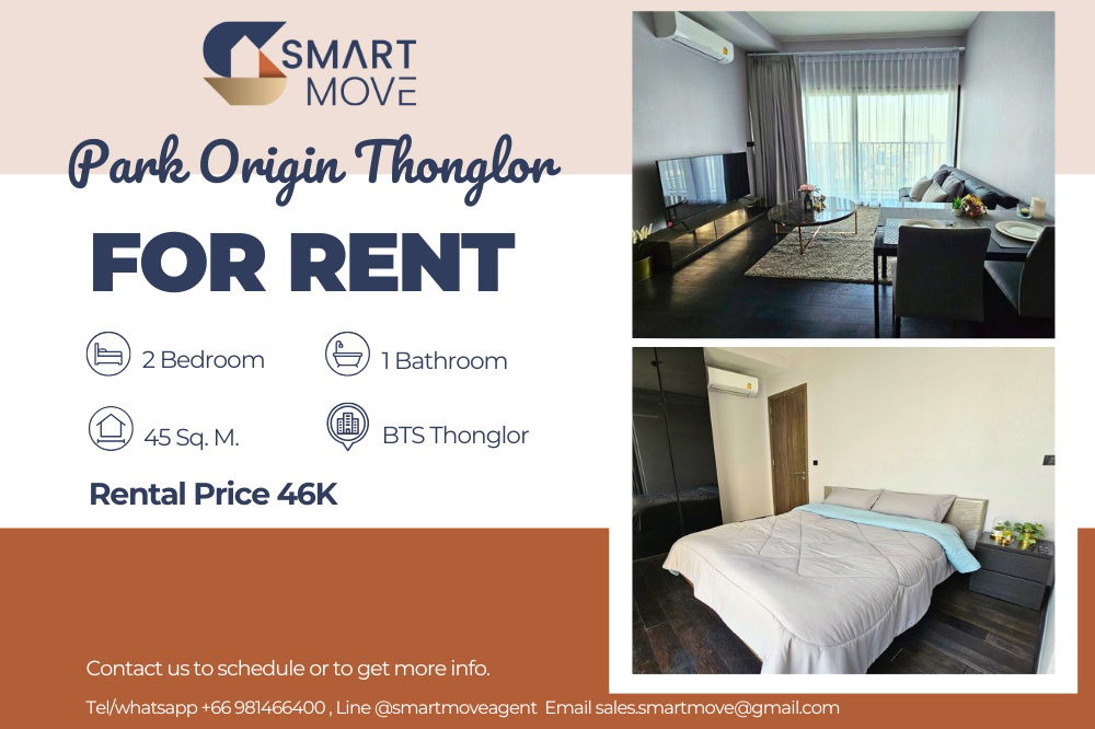 Code C20230104501.......Park Origin Thonglor For Rent, 2 bedroom, 1 bathroom, high floor45++, furnished, ready to move in, Special Deal!!