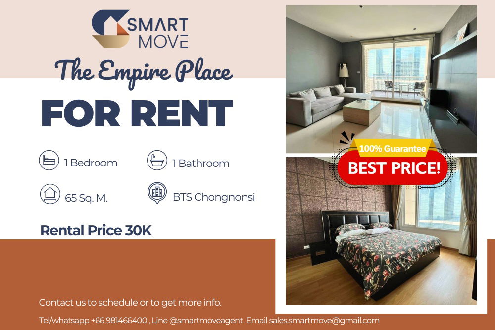 For Rent ! high floor31++, North Facing, High ceiling!🔥 Code C20221201684.....The Empire Place, 1 bed, 1 bath, furnished, ready to move in 📣📣
