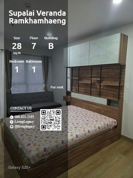 T30OFR Condo For Rent Supalai Veranda Ramkhamhaeng 28 Sq.M. Floor 7 Building B line id : @livinglegacy