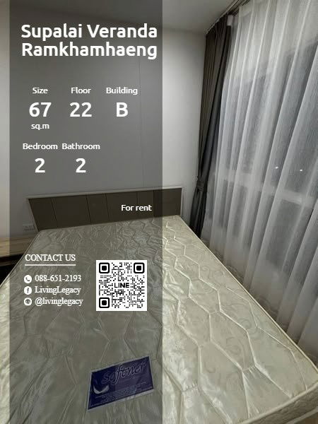 T34DZL Condo For Rent Supalai Veranda Ramkhamhaeng 67 Sq.M. Floor 22 Building B line id : @livinglegacy