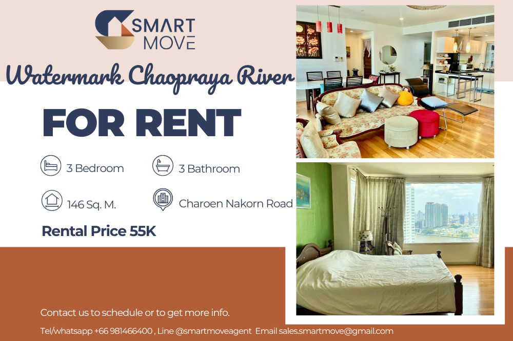 For Rent ! Pet friendly, high floor 24+, river view!! 🔥 Code C20250600063.....Watermark Chaopraya River, 3 bed, 3 bath, furnished, ready to move in