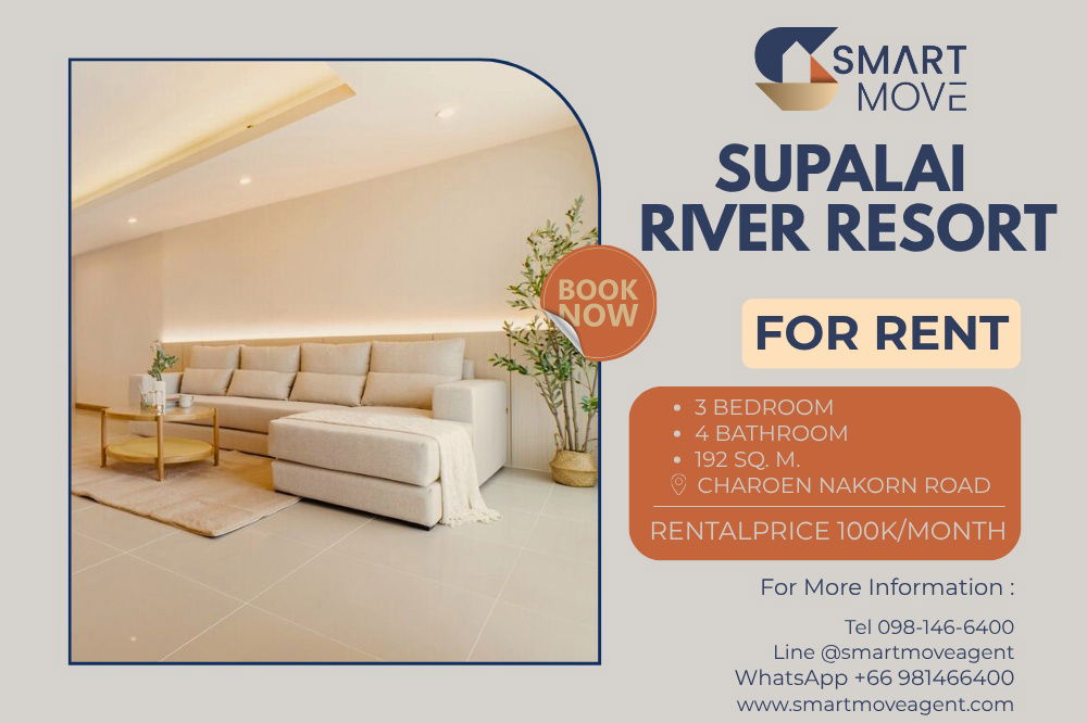 🔥 For Rent !! Parking for 3 cars, high floor24+, rare item !!🔥 Code C20250700080....Supalai River Resort, 3 bed, 4 bath, furnished, ready to move in