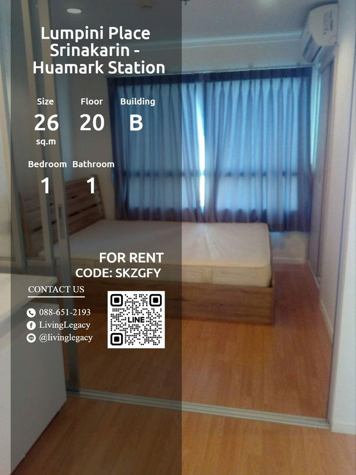 SKZGFY Condo For Rent Lumpini Place Srinakarin - Huamark Station 26 Sq.M. Floor 20 Building B line id : @livinglegacy