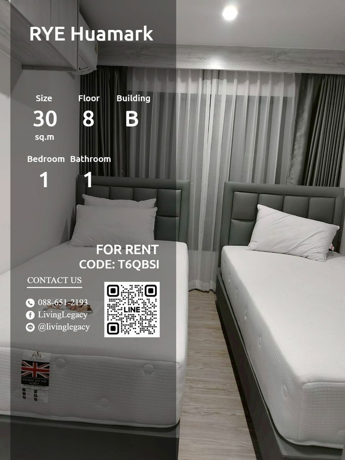 T6QBSI Condo For Rent RYE Huamark 30 Sq.M. Floor 8 Building B line id : @livinglegacy