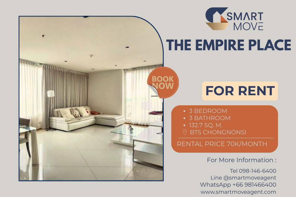 For Rent ! Wide living room, high floor 29++, Sathorn city view!! 🔥 Code C20221201812...The Empire Place, 3 bed, 3 bath, furnished, ready to move in