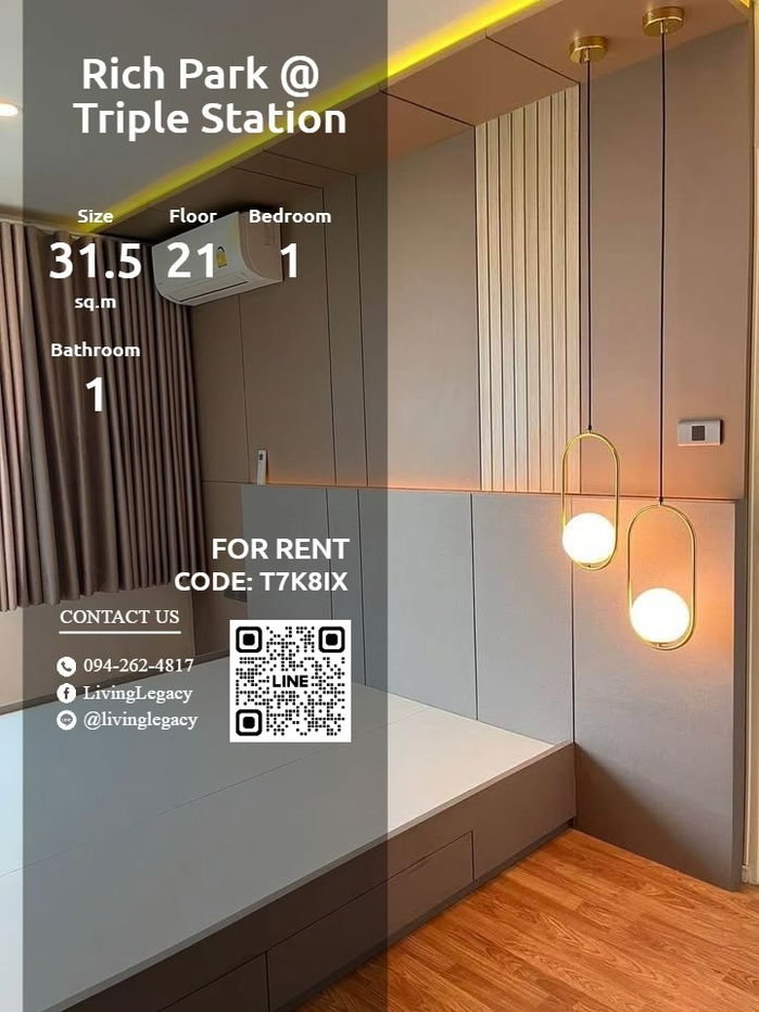 T7K8IX Condo For Rent Lumpini Ville Phatanakan - Srinakarin 31.5 Sq.M. Floor 21 line id : @livinglegacy