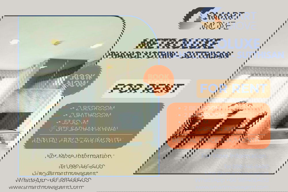 🔥 For Rent !! pool view, Good location!! Code C20230700629...MetroLuxe Phaholyothin - Sutthisan, 2 bed, 2 bath, furnished, ready to move in📣📣